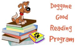Cartoon dog on books, "Doggone Good Reading Program.